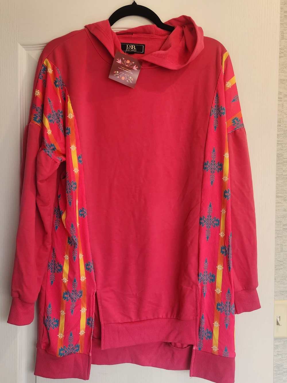 L&B Pink Hooded Tunic Sweatshirt with Yellow & Blue Accent L Euc